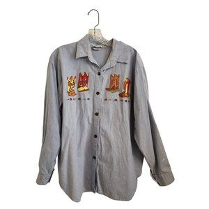 Cowboy Boot Embroidered Button-Up Shirt By Prenzi